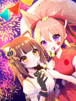 2girls absurdres aerial_fireworks animal_ears anjou_seira black_gloves blush bow brown_eyes brown_hair cat_ears cosplay cotton_candy dango eating fireworks food gloves hair_bow highres holding holding_food japanese_clothes kimono long_hair maimai_(game) multiple_girls open_mouth otohime_(maimai) otohime_(maimai)_(cosplay) ponytail purple_eyes sasuga_chisa shama_(maimai) shama_(maimai)_(cosplay) sparkle very_long_hair wagashi wide_sleeves world_dai_star yanagiba_panda