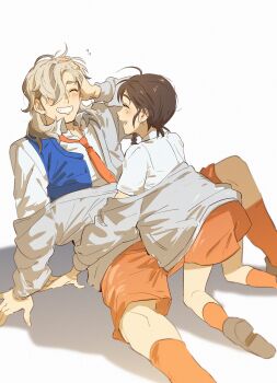 1boy 1girl :d all_fours arven_(pokemon) blue_vest braid brown_footwear brown_hair ch_walnut closed_eyes commentary_request flying_sweatdrops grey_jacket grin hair_over_one_eye happy highres jacket juliana_(pokemon) knees korean_commentary necktie nintendo off_shoulder open_mouth orange_necktie orange_shorts orange_socks pokemon pokemon_sv school_uniform shirt shoes short_sleeves shorts smile socks teeth vest white_shirt