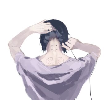 1girl aizheajsee back black_hair cable cyborg from_behind ghost_in_the_shell hair_lift highres kusanagi_motoko medium_hair neck solo subdermal_port white_background