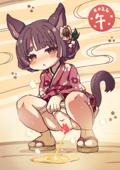 1girl absurdres animal_ears blush cat_ears cat_tail censored clothes_lift commentary_request hayasaka_(neoneet) heart heart_censor highres japanese_clothes kimono kimono_lift loli original pee peeing sandals solo squatting tabi tail