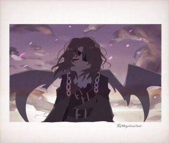 1boy belt brown_belt brown_coat brown_hair chain closed_eyes coat eyepatch flower grey_scarf heathcliff_(project_moon) highres limbus_company long_hair male_focus petals project_moon purple_flower scarf sky solo tokeyukumikan wuthering_heights_(identity)_(project_moon)