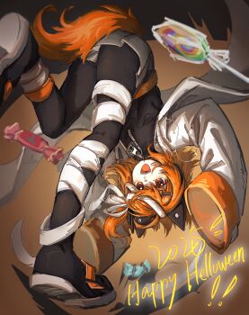 Rule 34 | 1girl, 2025, a.i. voice, adachi rei, animal ear headphones, animal ears, bandaged leg, bandages, black bodysuit, bodysuit, candy, coat, commentary request, fake animal ears, food, grey skirt, hair ribbon, happy halloween, headphones, highres, kemonomimi mode, leaning forward, lollipop, looking at viewer, medium hair, open clothes, open coat, open mouth, orange eyes, orange hair, pleated skirt, qiukui, ribbon, running, skirt, sleeves past fingers, sleeves past wrists, smile, solo, tail, utau, white coat, zipper pull tab