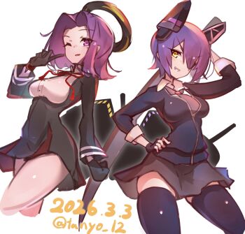 Rule 34 | 2girls, back-to-back, black cardigan, black dress, black gloves, black thighhighs, cardigan, commentary request, dated, dress, eyepatch, gloves, grey necktie, hair intakes, halo, headgear, highres, index finger raised, kantai collection, mechanical halo, multiple girls, necktie, purple eyes, rigging, short hair, simple background, tanyou, tatsuta (kancolle), tenryuu (kancolle), thighhighs, twitter username, white background, yellow eyes