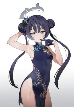 1girl admiralkeyes arm_behind_head bare_shoulders black_butterfly black_dress black_gloves black_hair blue_archive blue_butterfly blush breasts bug butterfly butterfly_hair_ornament china_dress chinese_clothes commentary covered_navel cowboy_shot double-parted_bangs double_bun dragon_print dress gloves grey_eyes grey_halo hair_bun hair_ornament halo highres insect kisaki_(blue_archive) long_hair looking_at_viewer parted_lips simple_background sleeveless sleeveless_dress small_breasts solo sweat thighs untranslatable_commentary white_background