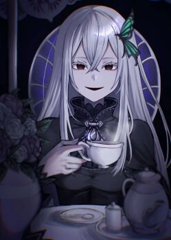 1girl black_capelet black_dress breasts brown_eyes butterfly_hair_ornament capelet chair colored_eyelashes cup dress echidna_(re:zero) empty_eyes flower hair_between_eyes hair_ornament highres holding holding_cup long_hair long_sleeves looking_at_viewer nesigita_rezero open_mouth plate re:zero_kara_hajimeru_isekai_seikatsu rose saucer sitting smile solo table tea teacup teapot upper_body vase white_flower white_hair