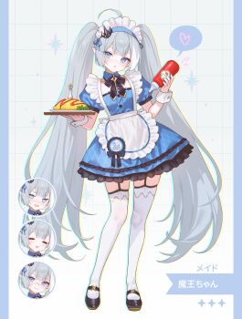 1girl adelie_cat alternate_costume apron blue_hairband bottle commentary_request enmaided extra_pupils female_tyrant_(stella_sora) food frilled_apron frills hairband highres holding holding_bottle holding_tray juliet_sleeves ketchup_bottle long_hair long_sleeves looking_at_viewer maid maid_apron maid_headdress multiple_expressions omelet omurice pink_hair puffy_sleeves solo stella_sora thighhighs tray twintails tyrant_(stella_sora) waist_apron white_apron white_thighhighs wrist_cuffs
