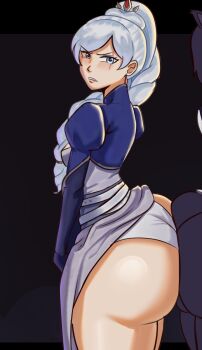 2girls angry animal_ears ass ass-to-ass ass_press black_hair blake_belladonna blue_eyes blush breasts cat_ears clenched_teeth dress embarrassed hair_ornament huge_ass long_hair looking_at_viewer medium_breasts multiple_girls panties pants ponytail province rwby scar scar_across_eye scar_on_face short_hair sideboob solo_focus teeth underwear very_long_hair weiss_schnee white_hair
