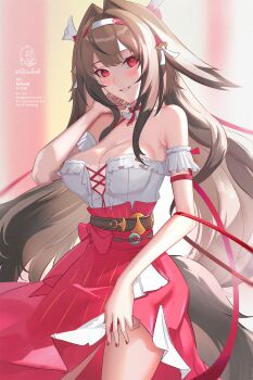 1girl absurdres animal_ears bare_shoulders blush breasts brown_hair brown_tail cleavage dress droopy_ears grin hairband highres large_breasts long_hair looking_at_viewer red_eyes shiro_font smile solo white_hairband ye_shunguang zenless_zone_zero