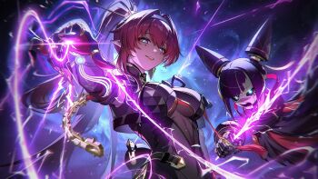 1girl 1other bare_shoulders black_hairband breasts chain cleavage_cutout clothing_cutout collar detached_sleeves earrings electricity floating_hair gloves glowing_pupils green_pupils hair_intakes hair_ornament hairband hairpin high_ponytail highres holding holding_lightning_bolt holding_string jewelry long_hair looking_at_viewer mark_under_both_eyes mechanical_hands multiple_rings official_art pointy_ears ponytail purple_eyes red_hair ring smirk string wuthering_waves yinlin_(wuthering_waves) zapstring_(wuthering_waves)