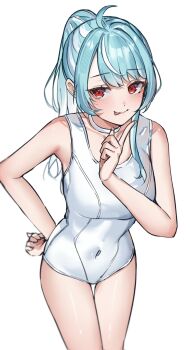 1girl ahoge blue_hair blush choker closed_mouth commentary covered_navel highres looking_at_viewer multicolored_hair one-piece_swimsuit red_eyes ringozeri shiranami_ramune simple_background solo streaked_hair swimsuit tongue tongue_out two-tone_hair virtual_youtuber vspo! white_background white_choker white_hair white_one-piece_swimsuit