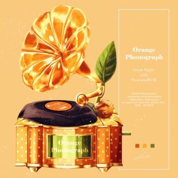 1boy highres instagram_username lying object_focus on_back orange_background original phonograph signature solo spin_mayumura twitter_username weibo_username