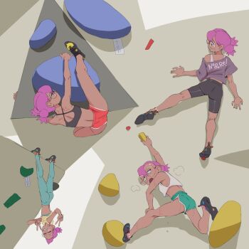 1girl anklet breasts climbing commentary dolphin_shorts dork_(suwafro) double_bun double_v english_commentary full_body glasses hair_between_eyes hair_bun highres jewelry leg_up leggings multiple_views off_shoulder open_mouth original pink_hair round_eyewear shorts small_breasts smile solo sports_bra sportswear suwafro sweat v