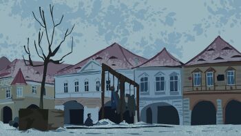Rule 34 | blue coat, blue sky, building, coat, cyberseaurchin, death, hanged, highres, looking at another, original, outdoors, scenery, sitting, sky, snow, town, tree, winter
