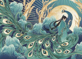 1boy analogous_colors animal aqua_hanfu aqua_theme belt bird black_hair blue_feathers blue_hair blue_sky chinese_clothes closed_mouth commentary erha_he_ta_de_bai_mao_shizun feathers gold gradient_hair green_feathers green_sky hair_ornament halo hanfu high_ponytail highres holding_wheat huaepiphany light_rays long_hair long_sleeves looking_at_viewer looking_down male_focus mountain multicolored_hair outdoors peacock peacock_feathers ponytail sky sleeves_past_fingers sleeves_past_wrists solo standing sun sword tassel very_long_hair weapon wheat wide_sleeves wuxia xiao_guan_(headdress) xue_meng yellow_eyes