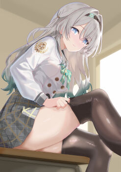 1girl absurdres adjusting_clothes adjusting_legwear black_hairband black_thighhighs blue_eyes bow bowtie breasts bright_pupils closed_mouth commentary desk dryas_(dryas_starfield) emblem english_commentary feet_out_of_frame firefly_(honkai:_star_rail) from_side green_bow green_bowtie grey_hair grey_sailor_collar grey_skirt hair_between_eyes hair_intakes hairband highres honkai:_star_rail honkai_(series) indoors leg_up long_bangs long_hair long_sleeves looking_at_viewer looking_to_the_side miniskirt on_desk one_side_up parted_bangs plaid_clothes plaid_skirt pleated_skirt sailor_collar school_desk school_uniform serafuku shirt sitting skirt solo thighhighs variant_set white_pupils white_shirt