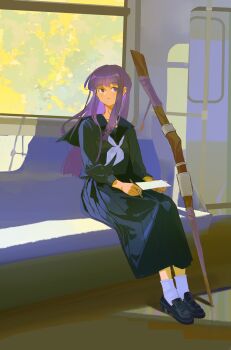 Rule 34 | 1girl, absurdres, alternate costume, black serafuku, black shirt, black shoes, black skirt, blunt bangs, chinese commentary, closed mouth, collared shirt, commentary request, contemporary, fern (sousou no frieren), full body, highres, holding, holding paper, holding pen, joumey, loafers, long hair, long sleeves, looking at viewer, paper, pen, photo-referenced, pleated skirt, purple eyes, purple hair, school uniform, serafuku, shirt, shoes, sitting, skirt, socks, solo, sousou no frieren, staff, train interior, white socks