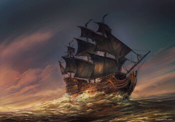 boat dusk jjcanvas no_humans ocean original painterly sailing_ship scenery sky sunlight water watercraft watermark waves web_address