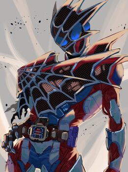 1boy armor asymmetrical_armor black_armor black_gloves blue_armor blue_eyes bodysuit bug commentary cowboy_shot demons_driver doseki89 extra_eyes gloves glowing head_tilt highres kamen_rider kamen_rider_demons kamen_rider_revice looking_at_viewer male_focus red_armor red_bodysuit rider_belt silk spider_genome spider_web spider_web_print spiked_armor spikes standing tokusatsu upper_body vistamp