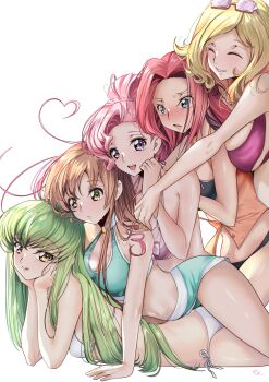 5girls absurdres artist_name bikini blonde_hair blue_eyes blush breasts brown_hair budgiepon c.c. closed_eyes code_geass euphemia_li_britannia green_eyes green_hair hands_on_own_chin highres kouzuki_kallen large_breasts long_hair milly_ashford multiple_girls pink_hair purple_eyes red_hair shirley_fenette swimsuit white_background yellow_eyes
