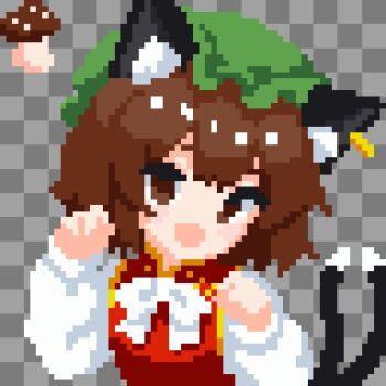 1girl animal_ear_piercing animal_ears bow bowtie brown_eyes brown_hair cat_ears cat_girl cat_tail checkered_background chen commentary_request green_hat grey_background hat highres long_sleeves looking_at_viewer mob_cap multiple_tails mushroom open_mouth pixel_art short_hair solo tail takeez3 touhou two_tails upper_body white_bow white_bowtie