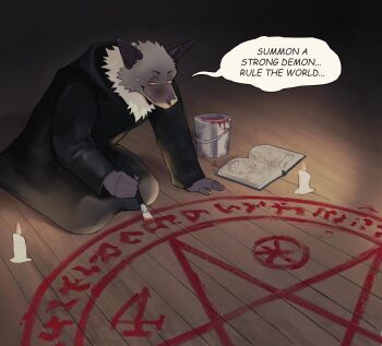 1boy black_cloak book bucket candle cloak colored_sclera english_text furry furry_male grimoire highres k0bit0wani looking_down magic_circle male_focus on_floor open_book orange_sclera original pentagram runes solo summoning sweatdrop wooden_floor