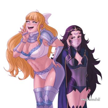 2girls arm_guards armor bikini_armor black_bridal_gauntlets black_hair blonde_hair blue_eyes blue_panties blunt_bangs bodystocking bow breasts bridal_gauntlets charlotte_(fire_emblem) covered_navel facial_mark fire_emblem fire_emblem_fates forehead_mark gorget hair_bow hand_on_own_hip highres long_hair meridachii messy_hair mouth_veil multiple_girls nintendo nyx_(fire_emblem) panties pink_veil red_eyes see-through_clothes see-through_veil simple_background small_breasts tiara two-tone_legwear underwear veil wavy_hair white_background white_bow