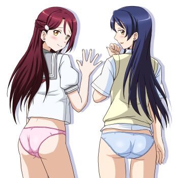 Rule 34 | 2girls, ass, blouse, blue hair, blue panties, blush, closed mouth, commentary request, commission, cowboy shot, crotch seam, dress shirt, from behind, grey sailor collar, half updo, highres, lielos, long hair, looking at viewer, looking back, love live!, love live! school idol project, love live! sunshine!!, multiple girls, no pants, open mouth, otonokizaka school uniform, panties, partial commentary, pink panties, pixiv commission, red hair, sailor collar, sakurauchi riko, school uniform, serafuku, shadow, shirt, short sleeves, simple background, smile, sonoda umi, standing, sweater, underwear, uranohoshi school uniform, waving, white background, white shirt, yellow eyes, yellow sweater
