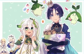 Rule 34 | 1boy, 3girls, aranara (genshin impact), arm behind back, arm cutout, armlet, armor, arms at sides, asymmetrical sidelocks, bag, bare shoulders, belt, black belt, black bodysuit, black bow, black bridal gauntlets, black cape, blonde hair, blue cape, blue hat, blue jingasa, blue sleeves, blue trim, blunt ends, blurry, blurry background, bodysuit, border, bow, bridal gauntlets, bright pupils, cape, closed eyes, closed mouth, clothing cutout, commentary request, covered collarbone, creature print, cross-shaped pupils, crown, detached sleeves, diamond hair ornament, dress, eyelashes, eyeliner, facing another, floating, floral print, flower, furisode, furrowed brow, genshin impact, gold, gold crown, gold halo, gold trim, green background, green eyes, green hair, green sleeves, hair flower, hair ornament, half crown braid, halo, halterneck, hand up, hat, height difference, holding, holding bag, holding unworn clothes, holding unworn hat, japanese armor, japanese clothes, jewelry, kimono, kote, kurokote, layered sleeves, leaf, leaf hair ornament, levitation, long hair, looking at another, looking at viewer, lumine (genshin impact), makeup, mandarin collar, mechanical halo, multicolored hair, multiple girls, nahida (genshin impact), open clothes, open kimono, open mouth, outline, paimon (genshin impact), pointing, pointing at another, pointy ears, purple eyes, purple hair, purple sash, red eyeliner, romper, sash, scaramouche (genshin impact), scarf, short hair, short hair with long locks, short sleeves, shoulder peek, side ponytail, sidelocks, smile, streaked hair, sweatdrop, symbol-shaped pupils, teeth, tsurime, unworn hat, unworn headwear, upper teeth only, wanderer (genshin impact), white border, white dress, white flower, white hair, white kimono, white outline, white pupils, white romper, white scarf, white sleeves, yellow eyes, zkym78