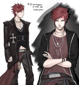 1boy belt black_belt black_coat bleeehrghw coat commentary crossed_arms ear_piercing earphones earrings english_commentary fang forehead_tattoo gaara_(naruto) glint grey_eyes highres jewelry male_focus multiple_necklaces multiple_rings naruto_(series) naruto_shippuuden piercing punk red_hair ring skin_fang sleeves_past_wrists spiked_hair tattoo wristband