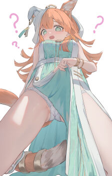 1girl ? @_@ animal_ear_fluff animal_ears arknights breasts character_request clothes_lift commentary_request cowboy_shot crotch_seam dress dress_lift foreshortening from_below green_eyes highres kneeling legs_apart lifting_own_clothes long_hair looking_at_viewer looking_down medium_breasts open_mouth orange_hair panties ponytail raised_inner_eyebrows shitomu1 side_slit simple_background solo tail two-tone_dress underwear wavy_mouth white_background white_panties