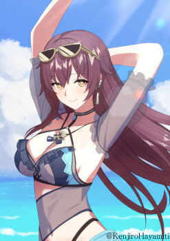 1girl bikini black_bikini blue_sky breasts brown_hair cleavage cloud commentary_request detached_sleeves eden_(honkai_impact) eyewear_on_head highres honkai_(series) honkai_impact_3rd kenjirohayamiti large_breasts long_hair looking_at_viewer midriff navel outdoors see-through_clothes see-through_sleeves sky solo sunglasses swimsuit twitter_username very_long_hair yellow_eyes