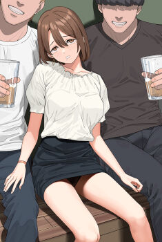 1girl 2boys a1_(initial-g) black_panties black_pants black_shirt black_skirt character_request copyright_request cup drinking faceless faceless_male grin hair_between_eyes highres holding holding_cup knees multiple_boys panties pants pantyhose pencil_skirt shadow shirt short_hair short_sleeves sitting skirt smile t-shirt teeth underwear white_shirt