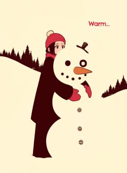 Rule 34 | 1girl, black coat, black eyes, black hair, black pants, blending, carrot, coat, covered mouth, english text, hat, highres, hug, hugging snowman, mittens, original, pants, red hat, red mittens, red scarf, scarf, snow, snowman, solo, standing, syooooyoooo, top hat, tree, white background, winter clothes