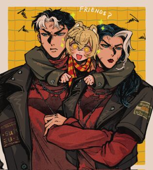 1boy 2girls bat_signal batman_(series) batman_symbol black_bodysuit black_gloves black_hair blue_eyes bodysuit dc_comics dual_persona genderswap genderswap_(mtf) gloves grey_bodysuit highres jason_todd multicolored_bodysuit multicolored_hair multiple_girls muscular muscular_male oc_x_canon open_clothes original pants red_hood_(dc) red_hood_and_the_outlaws rfnyn17381 short_hair superhero_costume taut_bodysuit two-tone_bodysuit