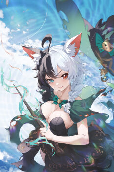1girl absurdres ahoge animal_ear_fluff animal_ears aqua_eyes black_dress black_hair blue_sky braid breasts brown_eyes cape chinese_commentary cleavage closed_mouth cloud cloudy_sky commentary_request dated dress green_cape green_hat hair_between_eyes hair_over_shoulder hat highres holding holding_wand jiaowohuangdaoa large_breasts large_hat long_hair looking_at_viewer multicolored_hair original sky sleeveless sleeveless_dress slit_pupils smile solo torn_cape torn_clothes torn_hat twin_braids two-tone_hair upper_body wand white_hair witch_hat