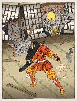 1girl arm_cannon armor battle black_hair brain breasts cyclops facepaint fangs faulds female_focus fine_art_parody fireworks greaves highres jed_henry long_hair metroid monster mother_brain nihonga nintendo one-eyed pants pants_tucked_in parody pauldrons power_suit_(metroid) samurai samus_aran shoulder_armor solo sparkler tatami ukiyo-e varia_suit weapon