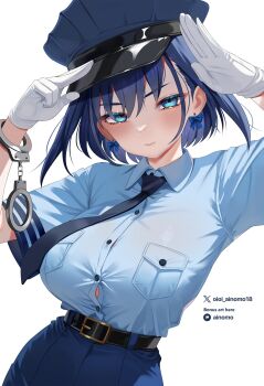 1girl alternate_costume black_necktie blue_eyes blue_hair blue_hat blue_shirt blue_skirt bow bow_earrings breasts button_gap closed_mouth collared_shirt commentary cuffs earrings gloves handcuffs hashtag-only_commentary hat highres hololive hololive_english jewelry large_breasts looking_at_viewer necktie oioi_ainomo ouro_kronii peaked_cap shirt short_sleeves simple_background skirt solo symbol-only_commentary twitter_username virtual_youtuber white_background white_gloves