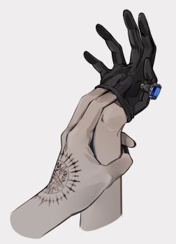 2boys black_gloves black_nails blue_gemstone ciel_phantomhive disembodied_hand fingernails gem gloves grey_background half_gloves hand_focus hand_in_another&#039;s_glove hand_size_difference hand_tattoo highres holding_another&#039;s_wrist jewelry kuroshitsuji male_focus multiple_boys nail_polish ornate_ring pentagram pentagram_tattoo ring sebastian_michaelis simple_background tattoo thumb_ring uneasywolf yaoi