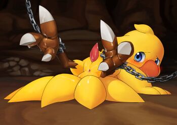 absurdres after_anal animal_penis animal_sexualization anus beak blue_eyes chain chained chocobo commentary_request cuffs cum cum_in_ass feathers final_fantasy furry highres katahane3 lying partial_commentary penis restrained shackles tearing_up uncensored yellow_feathers