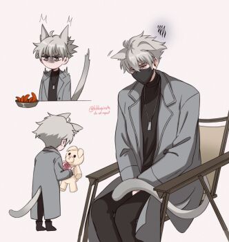 1boy ^^^ animal_ear_fluff animal_ears arm_between_legs artist_name black_boots black_mask black_pants black_shirt boots bowl calamari cat_ears cat_tail chair coat commentary ears_down english_commentary folding_chair food ghostblade ghostblade_(to_be_hero_x) grey_coat grey_eyes grey_hair hair_between_eyes highres holding holding_stuffed_toy jewelry kairusha kemonomimi_mode lapels legs_together long_sleeves looking_down male_focus mask mouth_mask multiple_views necklace notched_lapels open_clothes open_coat pants shirt short_hair simple_background sitting stuffed_animal stuffed_toy tail teddy_bear to_be_hero to_be_hero_x turtleneck twitter_username white_background