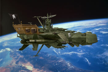 1970s_(style) 1980s_(style) 1990s_(style) antennae arcadia cannon dias_(tajima_kouki) earth_(planet) epic flag harlock_saga highres horizon jolly_roger no_humans oldschool orbit photo_background pirate planet realistic retro_artstyle science_fiction skull_and_crossbones space spacecraft space_pirate uchuu_kaizoku_captain_harlock waga_seishun_no_arcadia