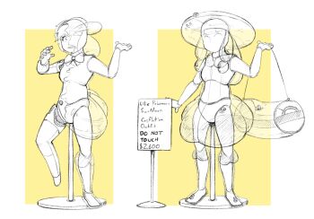 1girl aigis_(persona) altus clothes crossover high_heels inflatable lillie_(pokemon) long_hair mannequin nintendo partially_colored persona persona_3 pokemon pokemon_sm rubber_suit short_hair sketch subakitsu transformation