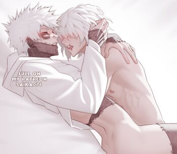 2boys anal boku_no_hero_academia burn_scar closed_eyes dabi_(boku_no_hero_academia) fingernails from_side hashtag-only_commentary highres hood hoodie hug light_blush long_sleeves male_focus male_penetrated multiple_boys nipples paid_reward_available saika076 scar scar_on_face scar_on_mouth scar_on_neck sex shigaraki_tomura short_hair spiked_hair stapled teeth thighs upper_teeth_only white_hair white_hoodie yaoi