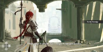 1girl absurdres ahoge armor braid braided_ponytail bridge broken_pillar column_lineup commentary english_commentary english_text facing_away fake_screenshot fantasy highres holding holding_polearm holding_weapon original pauldrons polearm profile scenery shoulder_armor solo spear subtitled ujin_holo user_interface weapon
