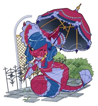 black_sclera blue_hair colored_sclera digimon digimon_(creature) hat horns lamia lamiamon long_hair monster_girl ribbon soup_(enigmaticpuos) yellow_eyes