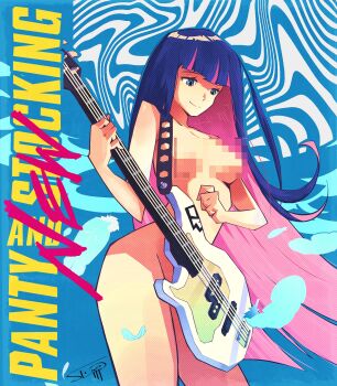 Rule 34 | 1girl, absurdres, artist name, ass, bass guitar, blue background, blue eyes, blue feathers, blunt bangs, breasts, censored, cleavage, colored inner hair, commentary, completely nude, convenient censoring, cowboy shot, english commentary, english text, eyelashes, fake censor, falling feathers, feathers, groin, guitar strap, halftone, highres, hip focus, holding, holding instrument, instrument, left-handed, long hair, looking ahead, medium breasts, mosaic censoring, multicolored hair, music, nude, panty &amp; stocking with garterbelt, pink hair, pj bass, playing instrument, purple hair, signature, slim (sl1m skull), solo, stocking (psg), streaked hair, two-tone hair, very long hair, white background