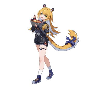 1girl absurdres animal_ear_fluff animal_ears black_shorts blue_shoes bow bowl chopsticks colored_inner_hair commentary fang food full_body green_eyes grey_shirt high-waist_shorts highres holding holding_bowl holding_chopsticks jacket ju_fufu kazezz long_hair looking_at_viewer multicolored_hair noodles open_mouth ramen shirt shoes shorts simple_background socks solo striped_fur striped_hair symbol-only_commentary tail tail_bow tail_ornament thigh_strap tiger_ears tiger_girl tiger_stripes tiger_tail white_background white_socks yellow_jacket zenless_zone_zero