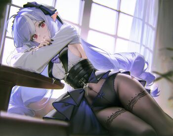 1girl ahoge ai-assisted ascot black_corset black_nails black_panties black_pantyhose black_skirt blurry blurry_background bow bow_panties breast_curtains breasts center_frills corset covered_navel curtains drill_hair elbow_rest frills hair_between_eyes hand_on_own_arm head_rest highres indoors leaning_on_table leaning_to_the_side long_hair long_sleeves looking_at_viewer medium_breasts mole mole_under_eye multicolored_hair nail_polish panties panties_under_pantyhose pantyhose parted_lips patterned_legwear pointy_ears poki_(j0ch3fvj6nd) purple_ascot purple_bow purple_hair red_eyes shrug_(clothing) sideboob sideboob_cutout sitting skirt solo streaked_hair thighs twin_drills underwear very_long_hair vivian_banshee white_hair white_shrug window zenless_zone_zero