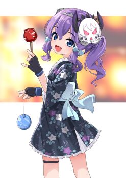 1girl black_gloves blue_eyes candy_apple fang fingerless_gloves food gloves holding_candy_apple holding_food japanese_clothes kantai_collection kimono langley_(kancolle) looking_at_viewer mask mask_on_head nassukun open_mouth purple_hair solo yukata