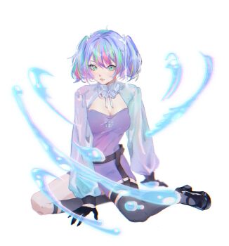 1girl aqua_eyes arm_behind_leg asian black_shoes bow breasts cleavage cleavage_cutout clothing_cutout full_body garter_straps hair_intakes hand_on_ground highres holographic_hair hydrokinesis indie_virtual_youtuber looking_at_viewer mismatched_socks multicolored_hair pale_skin platform_shoes shin_strap shoes short_hair shrug_(clothing) sitting small_breasts straight-on thigh_strap twintails virtual_youtuber water white_background white_bow xaechee yuy_(vtuber)